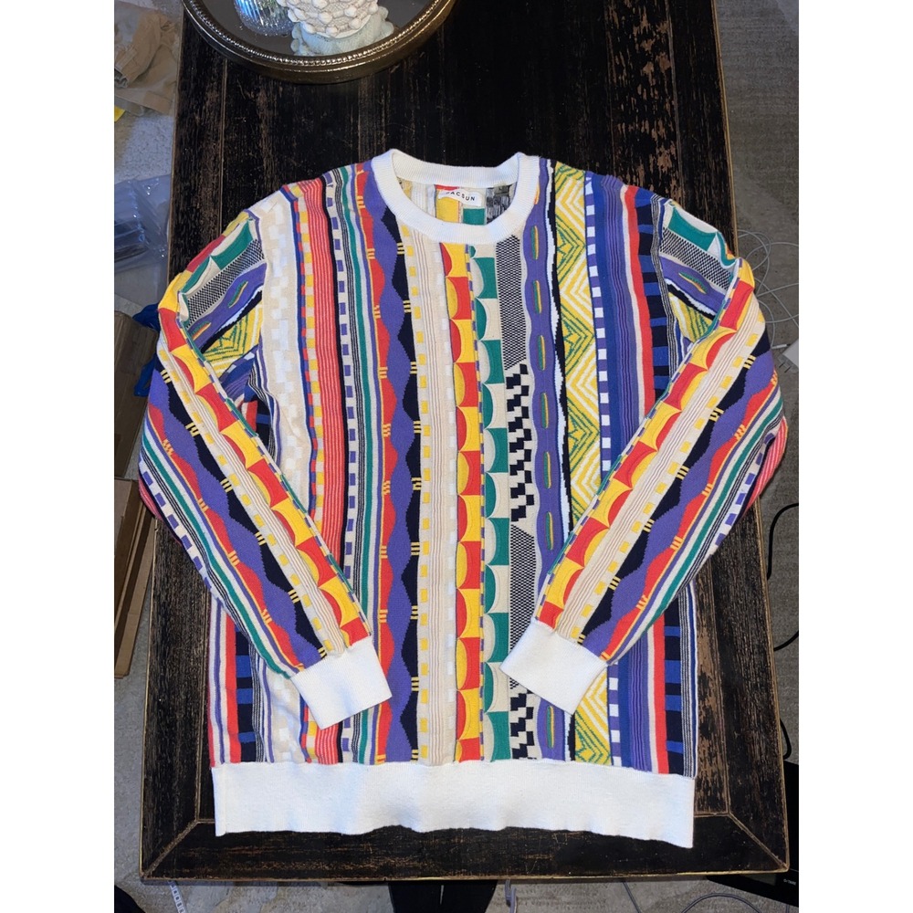 PacSun Mens Multi Color 3D Textured Knit Crewneck Sweater Large Retro 90s Style
